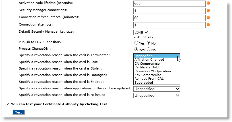 Section of Certificate Authority Update dialog box displaying various completed fields with a drop-down list deployed to specify a revocation reason when the card is Terminated 